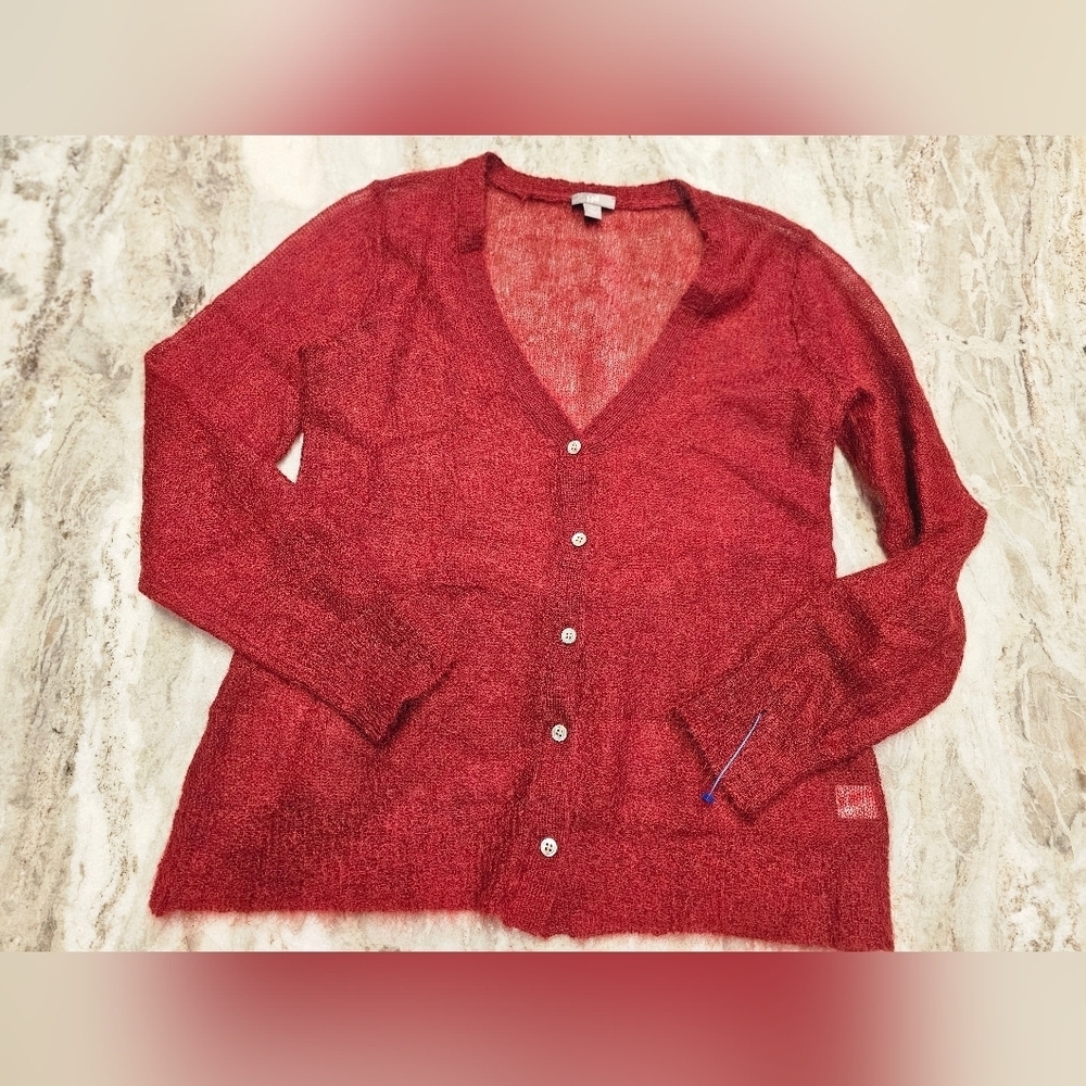 J. Jill Mohair Blend Red Cardigan Sweater XS Button Front Soft Fuzzy Knit